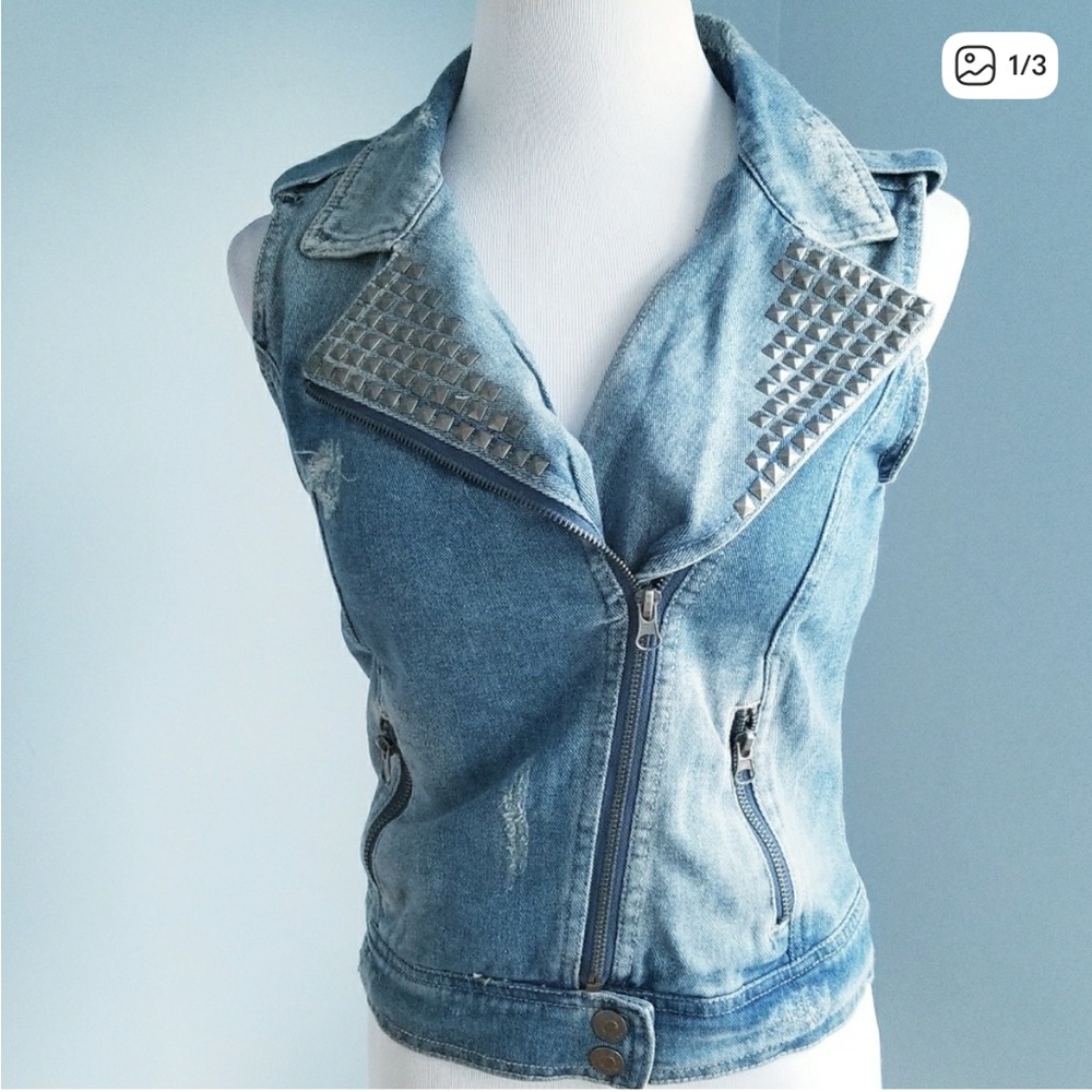 Distressed Light Wash Studded Denim Vest